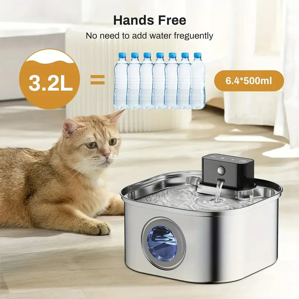 Fontaine à Eau Chat Inox 3.2L Sans Fil avec Detecteur de Mouvement