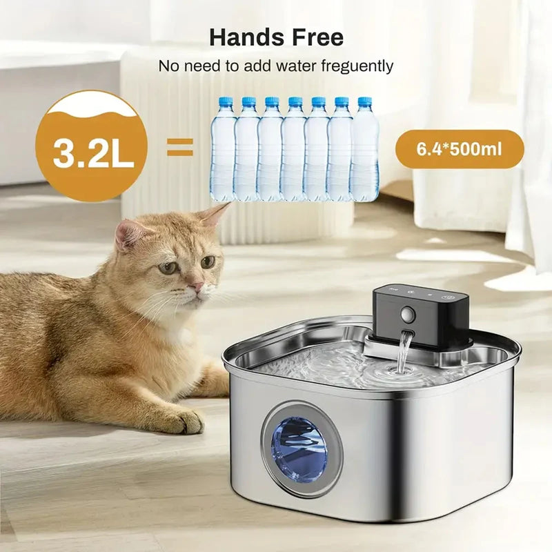 Fontaine à Eau Chat Inox 3.2L Sans Fil avec Detecteur de Mouvement