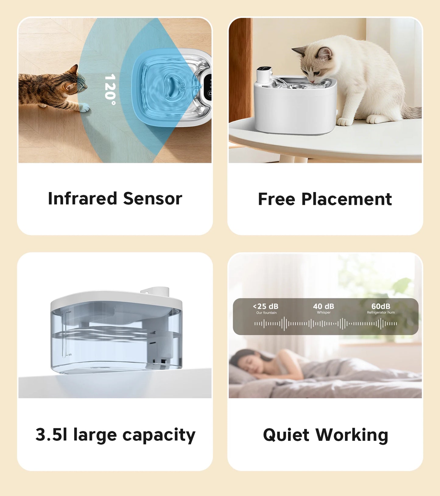 Fontaine a eau Chat Sans Fil 3.5L Inox avec Détecteur de Mouvement