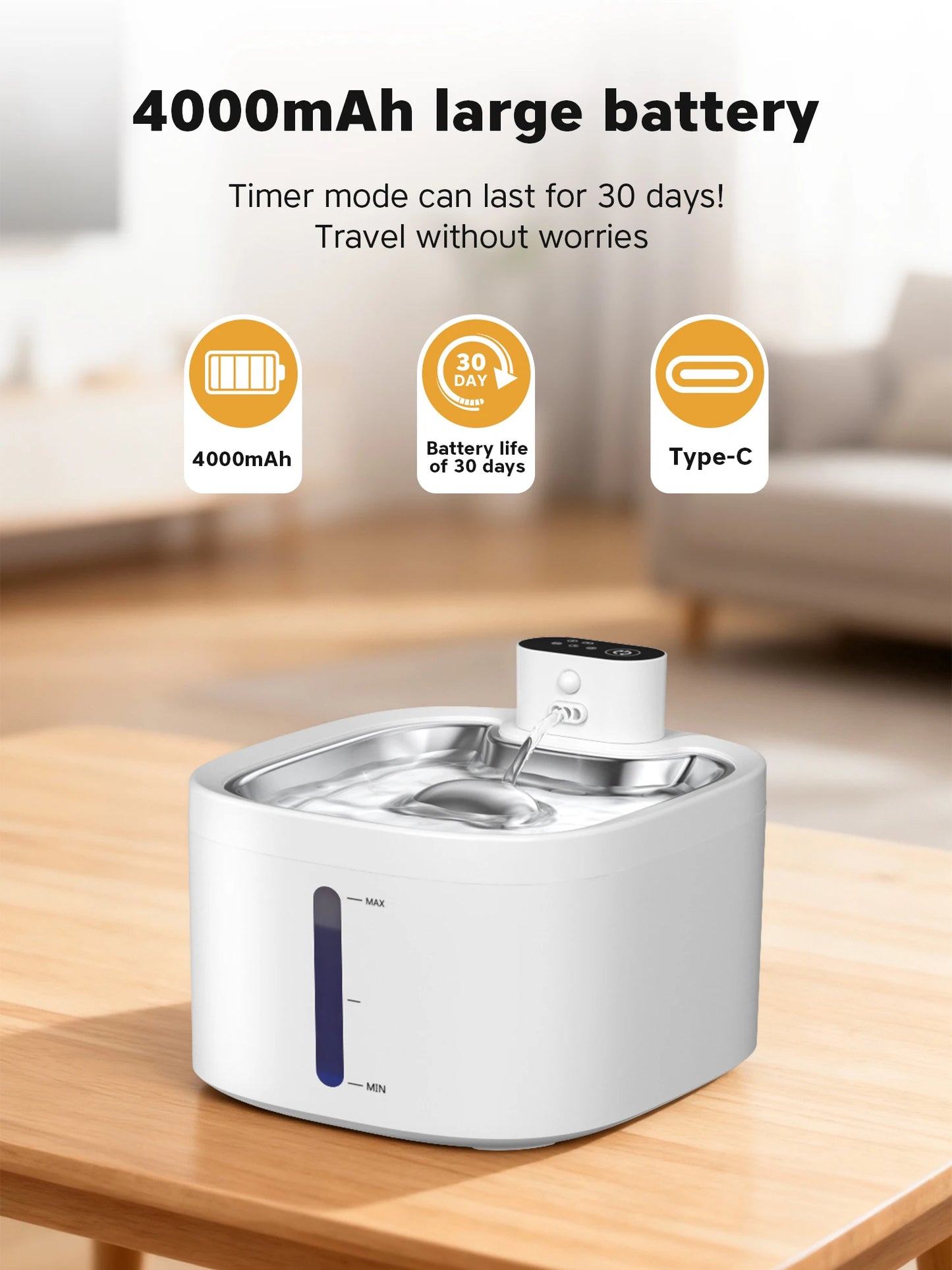 Fontaine a eau Chat Sans Fil 3.5L Inox avec Détecteur de Mouvement