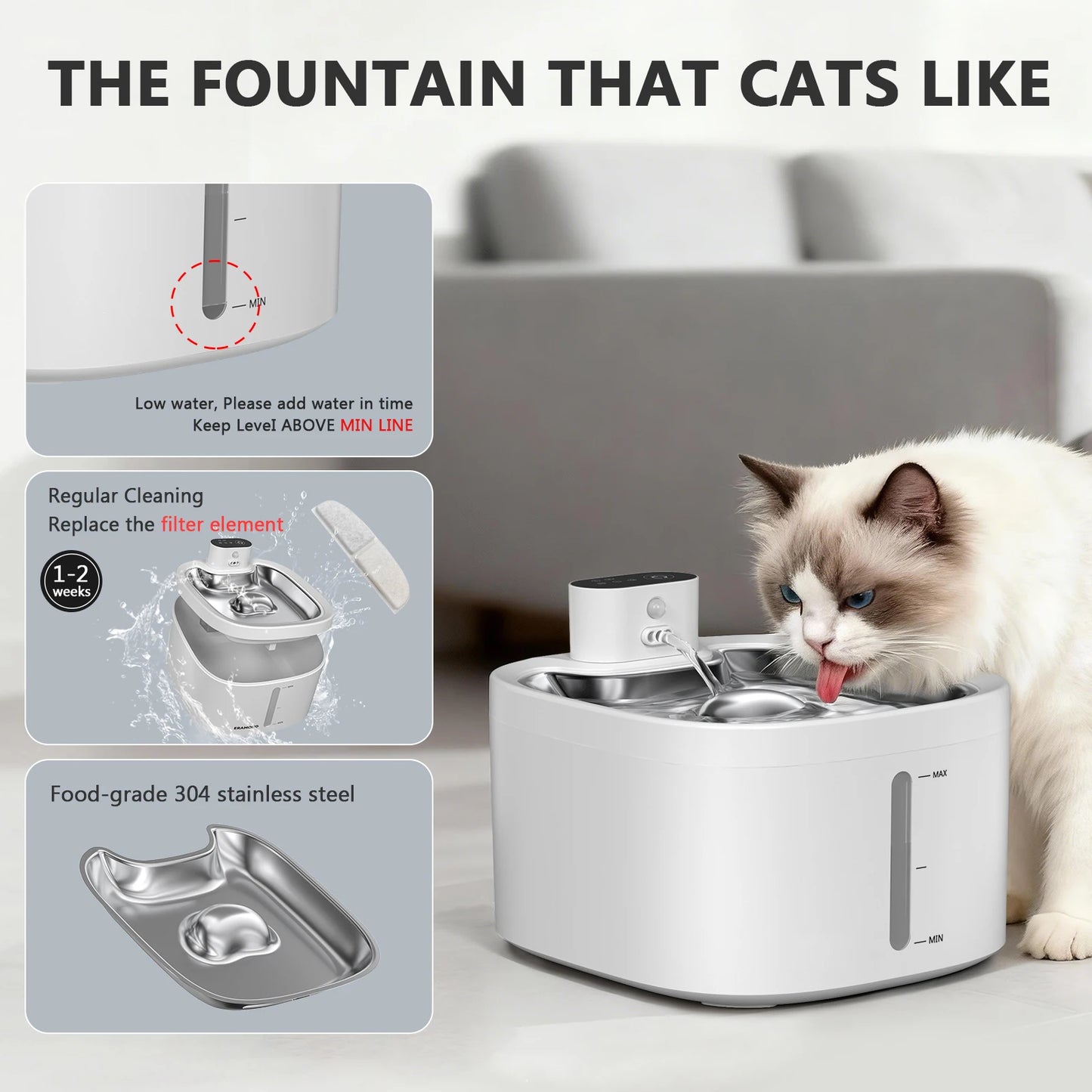 Fontaine a eau Chat Sans Fil 3.5L Inox avec Détecteur de Mouvement