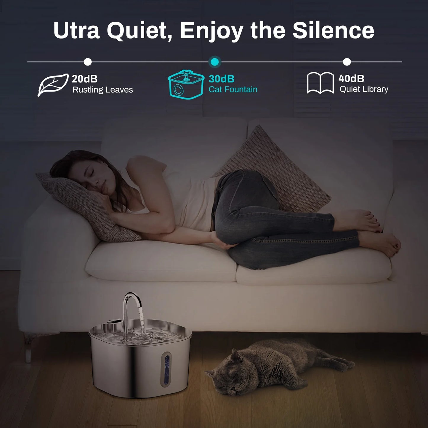 Fontaine a Eau Chat Inox 2.2L Ultra Silencieuse avec Filtre Intègre