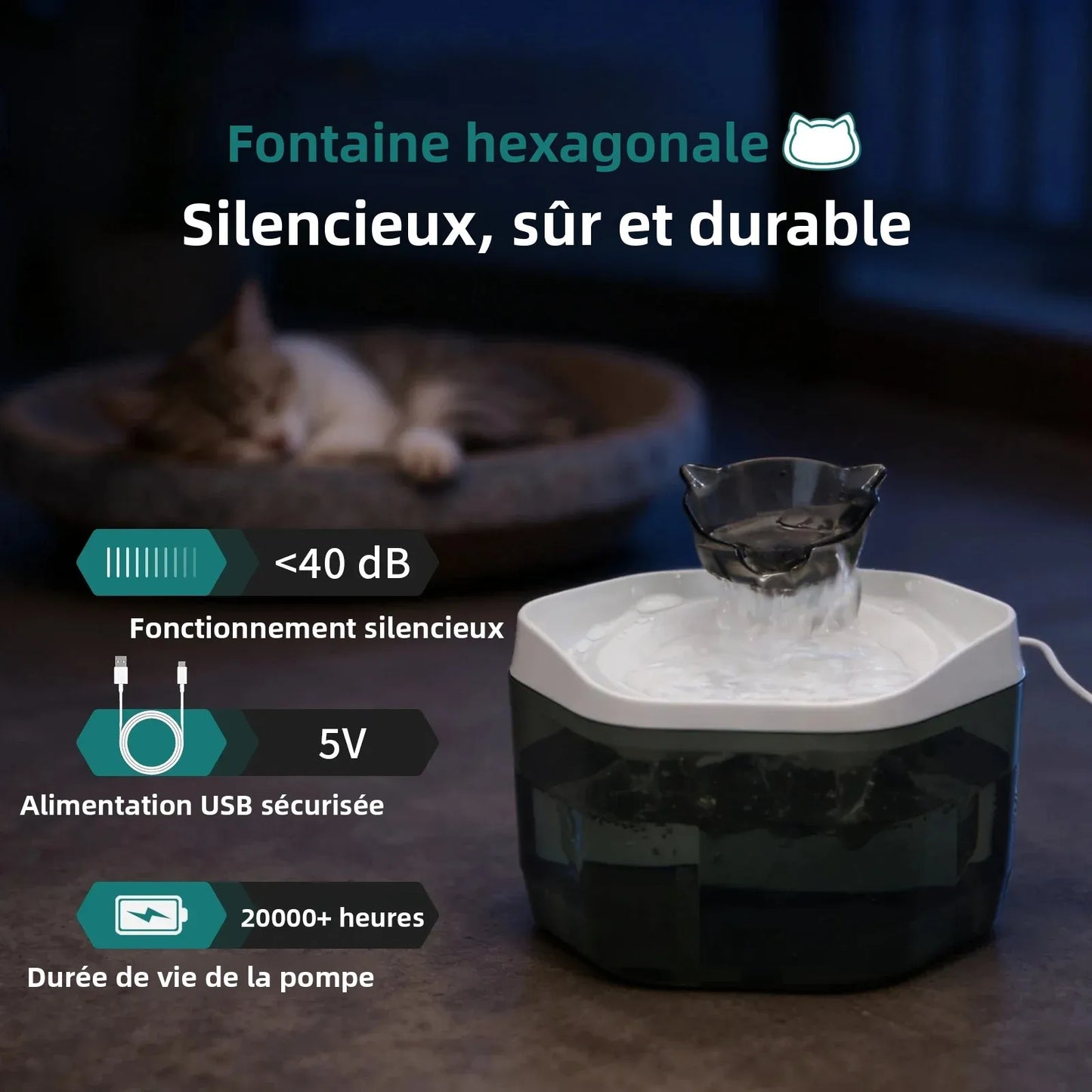 Fontaine a eau Chat Compacte 1.2L Rechargeable USB