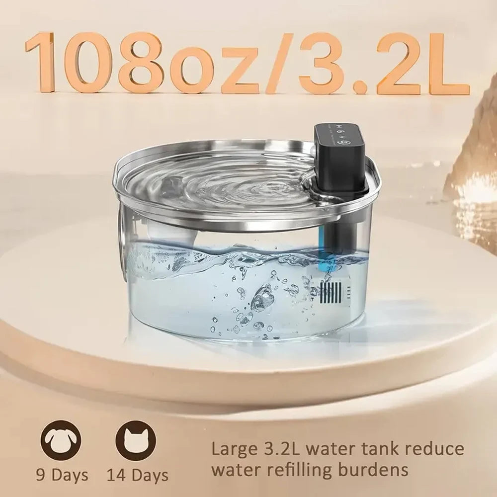 Fontaine à Eau Chat Inox 3.2L Sans Fil avec Detecteur de Mouvement